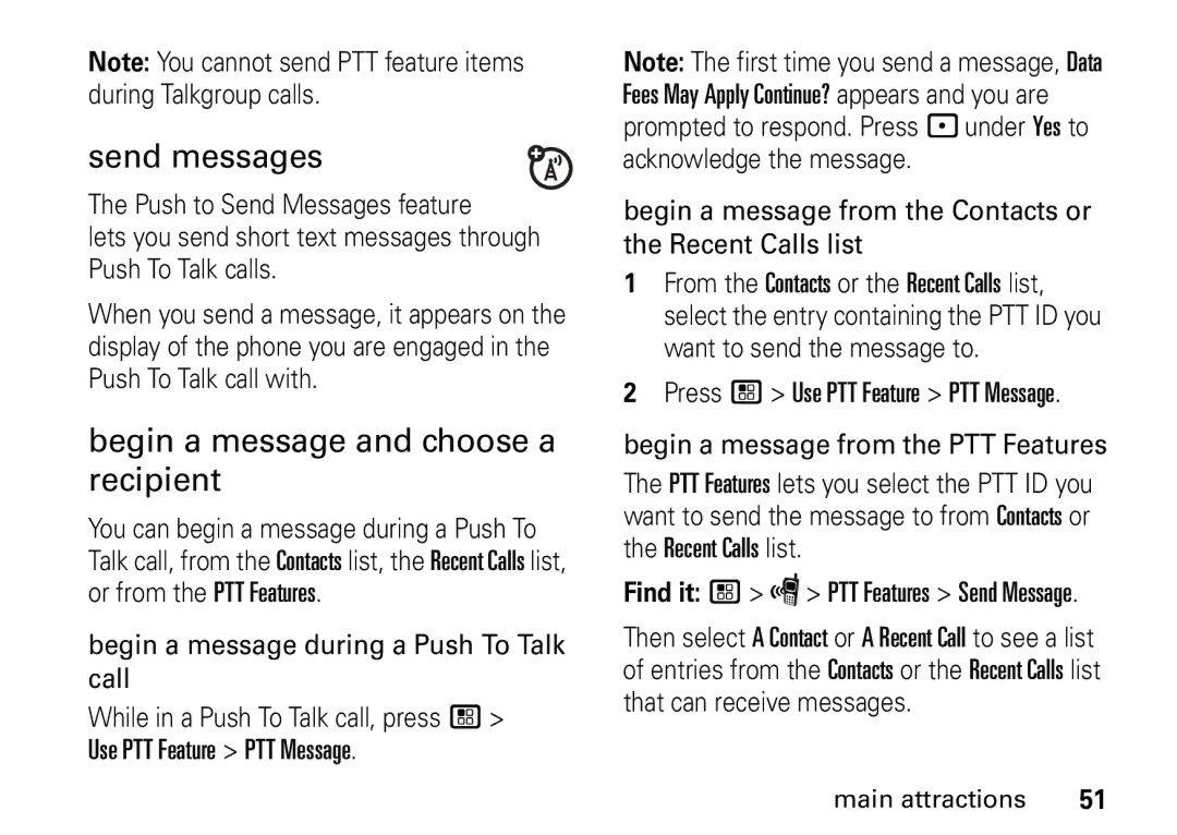 Motorola i9 manual Send messages, Begin a message and choose a recipient, Begin a message during a Push To Talk call 