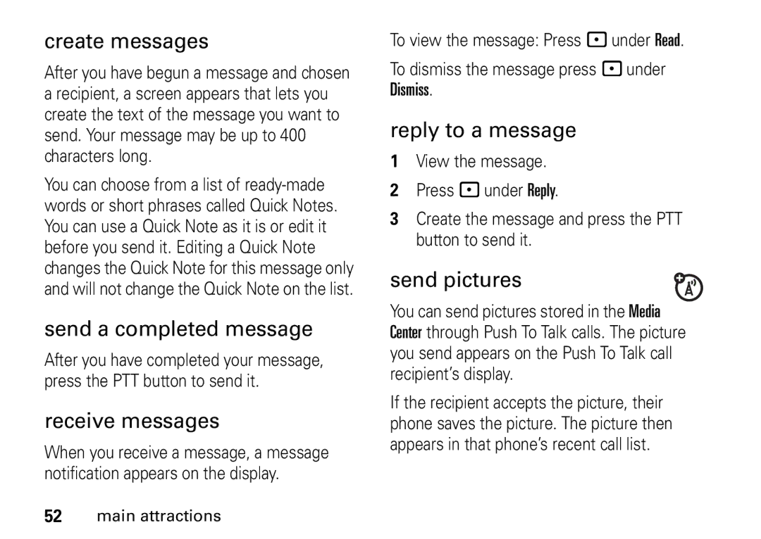 Motorola i9 manual Create messages, Send a completed message, Receive messages, Reply to a message, Send pictures 