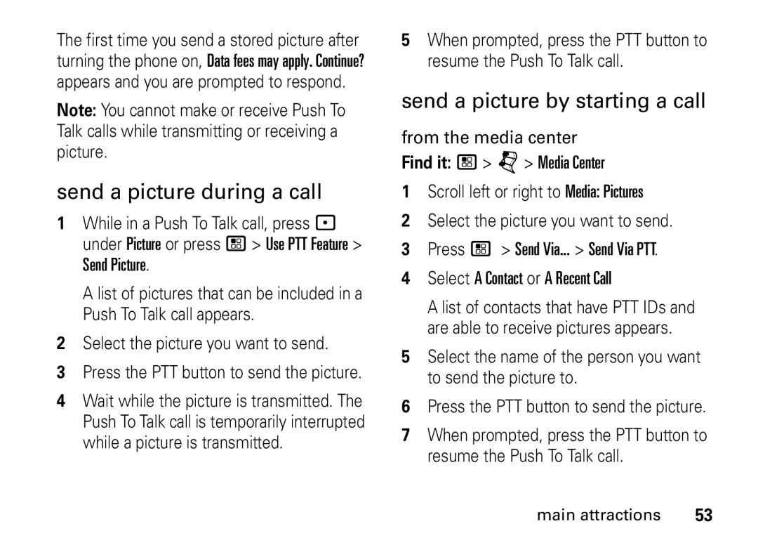 Motorola i9 manual Send a picture during a call, Send a picture by starting a call, Select the picture you want to send 