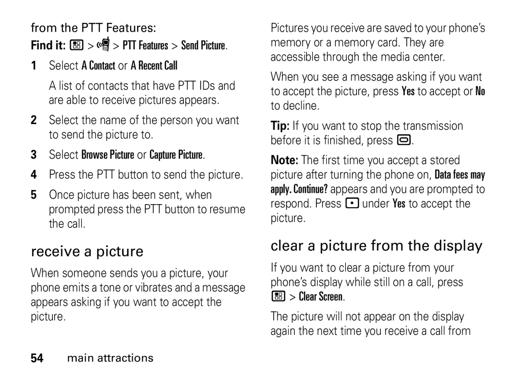 Motorola i9 manual Receive a picture, Clear a picture from the display, From the PTT Features, Clear Screen 