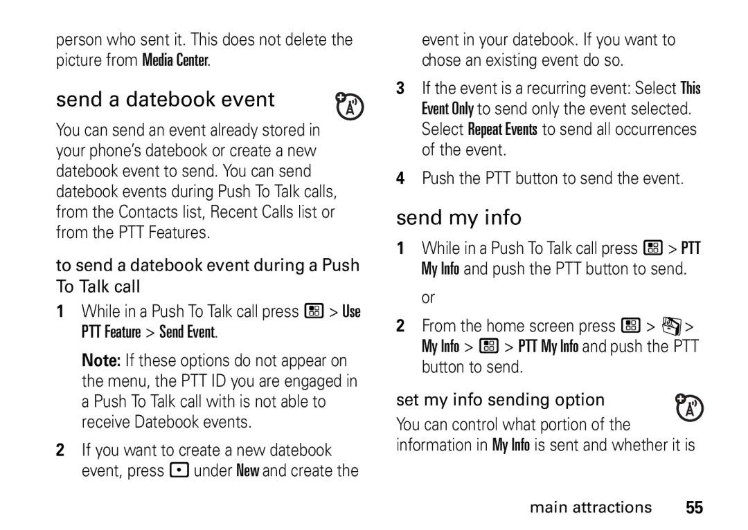 Motorola i9 manual Send a datebook event, Send my info, Push the PTT button to send the event 