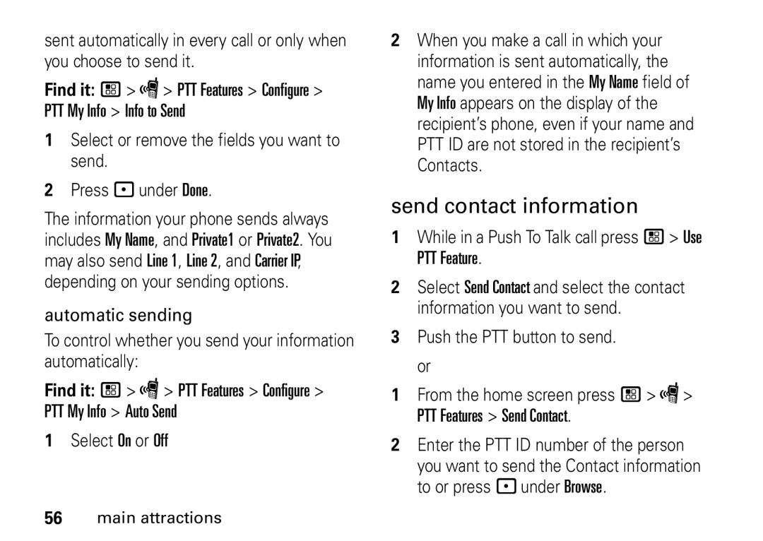 Motorola i9 manual Send contact information, Select On or Off, While in a Push To Talk call press / Use PTT Feature 