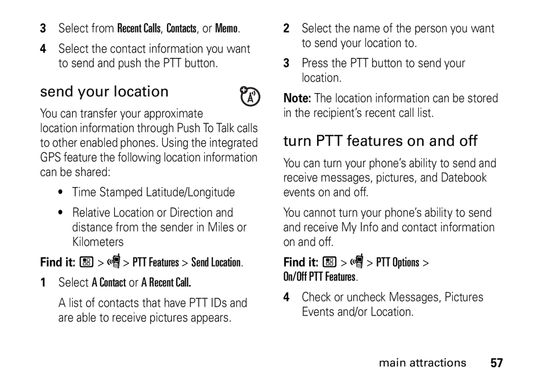 Motorola i9 manual Send your location, Turn PTT features on and off, You can transfer your approximate 