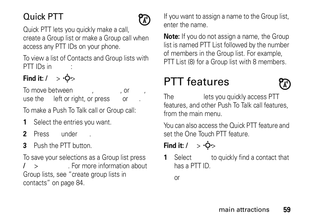 Motorola i9 manual PTT features, Quick PTT 