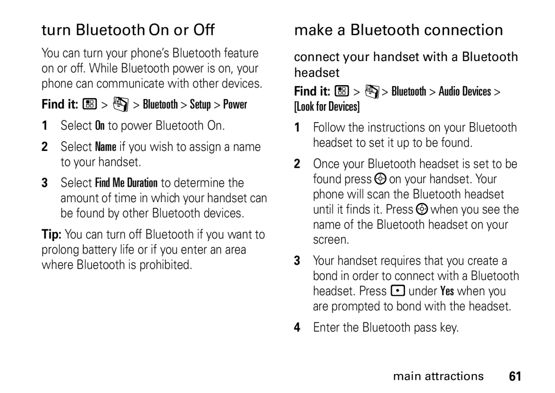 Motorola i9 manual Turn Bluetooth On or Off, Make a Bluetooth connection, Enter the Bluetooth pass key 