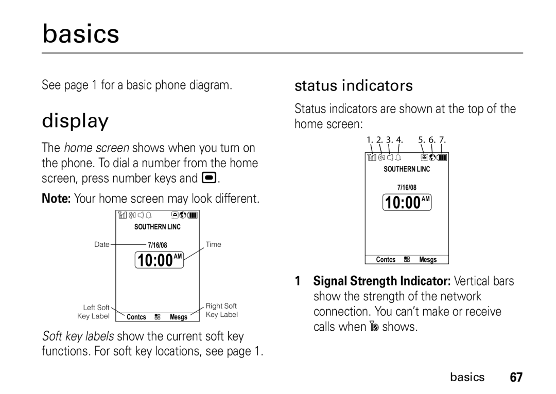 Motorola i9 manual Basics, Display, Status indicators, See page 1 for a basic phone diagram 