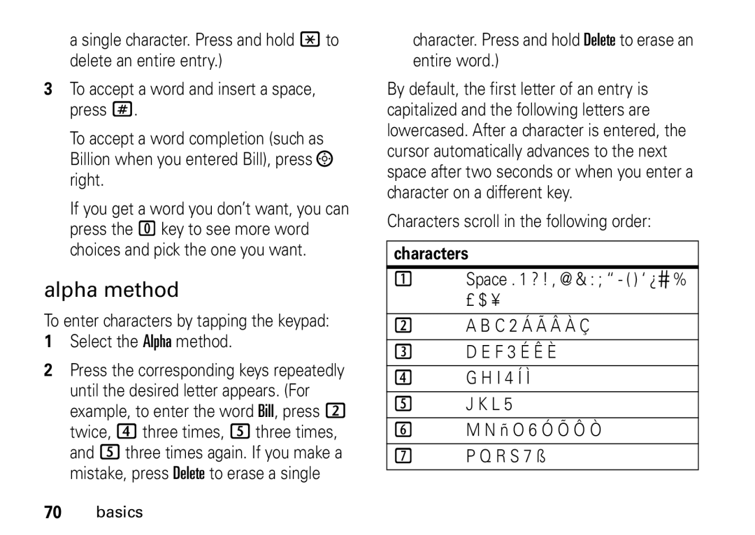 Motorola i9 manual Alpha method, Characters 