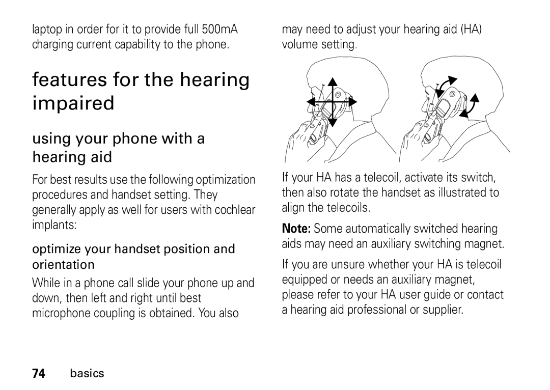 Motorola i9 manual Features for the hearing impaired, Using your phone with a hearing aid 