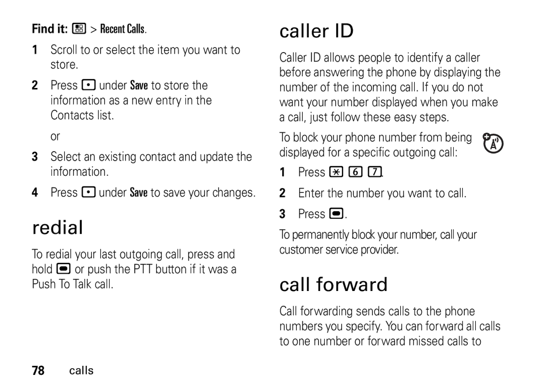 Motorola i9 manual Redial, Caller ID, Call forward, Press under Save to save your changes, Calls 