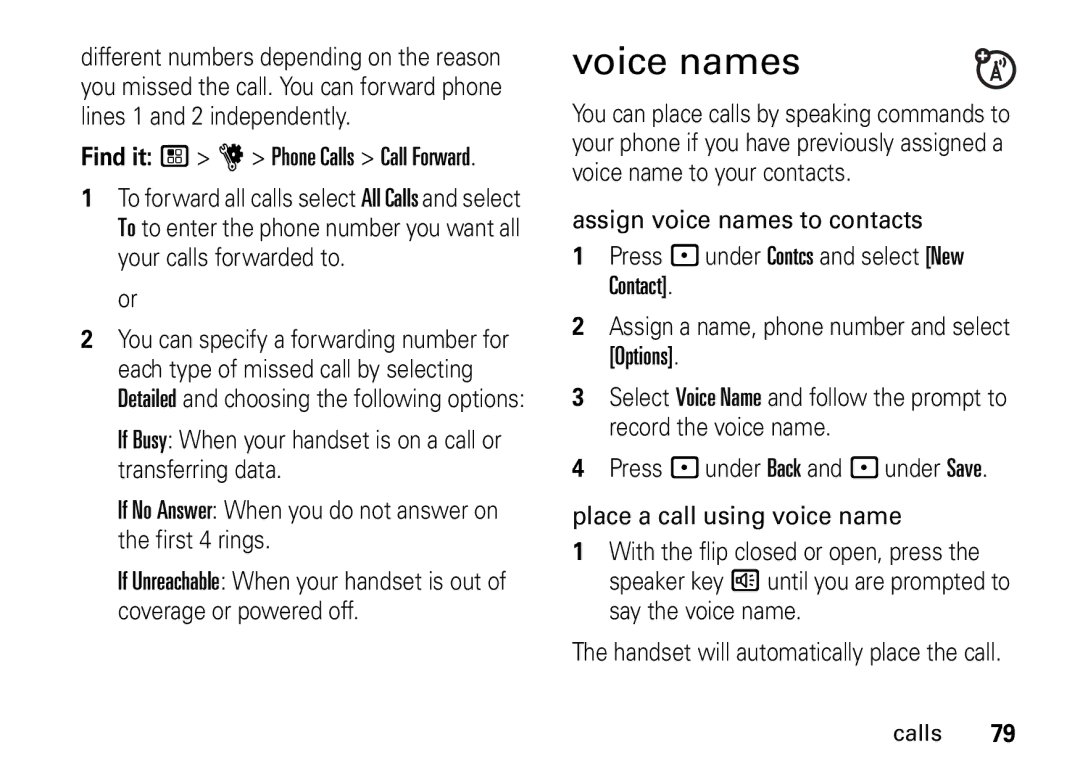 Motorola i9 manual Voice names, Find it / u Phone Calls Call Forward 