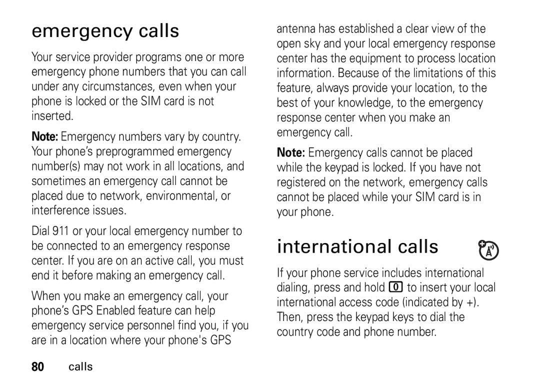 Motorola i9 manual Emergency calls, International calls 