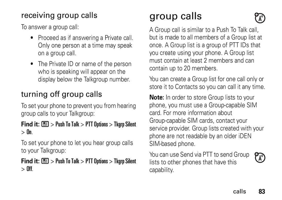 Motorola i9 manual Group calls, Receiving group calls, Turning off group calls, Off 