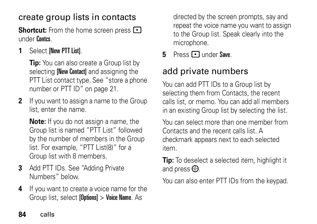 Motorola i9 manual Create group lists in contacts, Add private numbers 