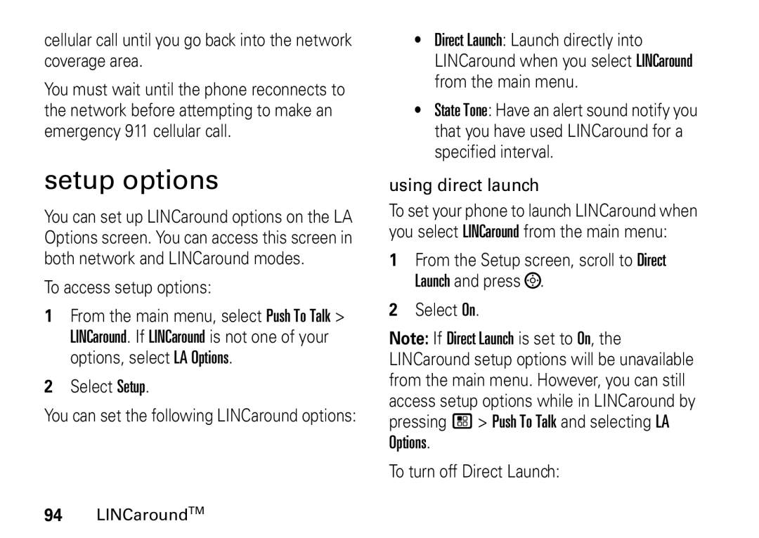 Motorola i9 manual Setup options, To access setup options, Select Setup, Using direct launch 