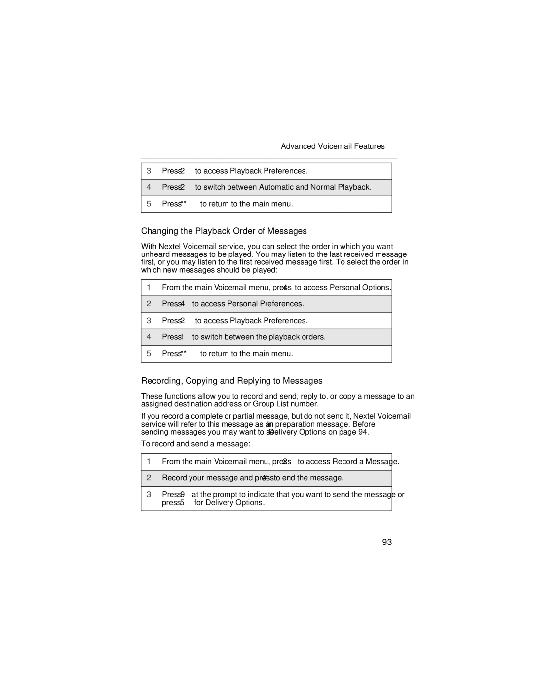 Motorola i90c manual Changing the Playback Order of Messages, Recording, Copying and Replying to Messages 