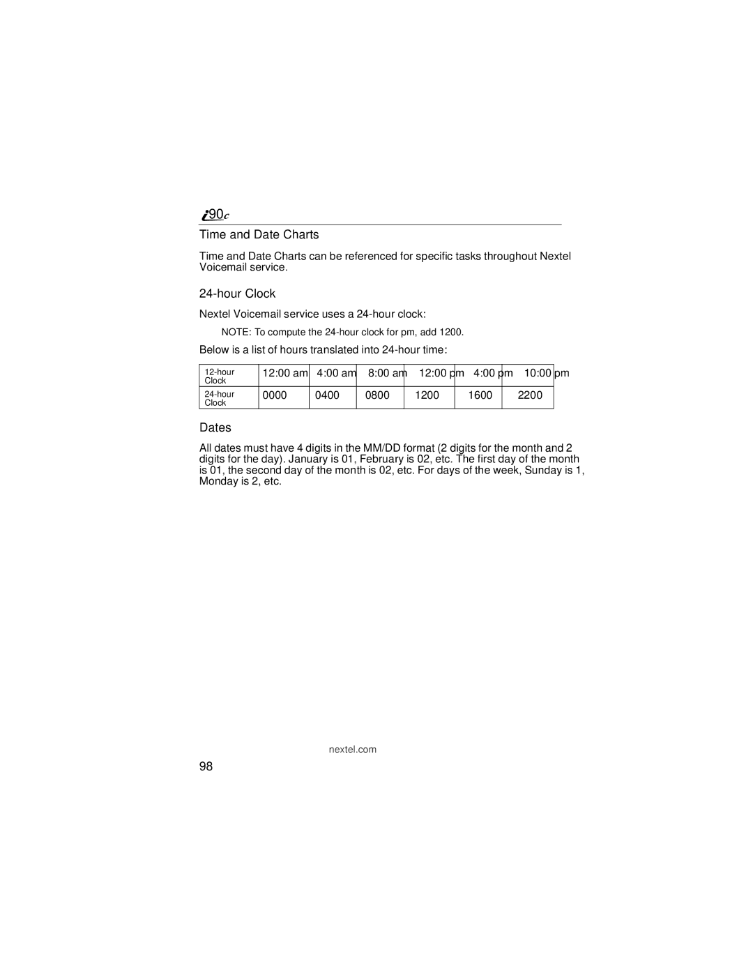 Motorola i90c manual Time and Date Charts, Hour Clock, Dates 