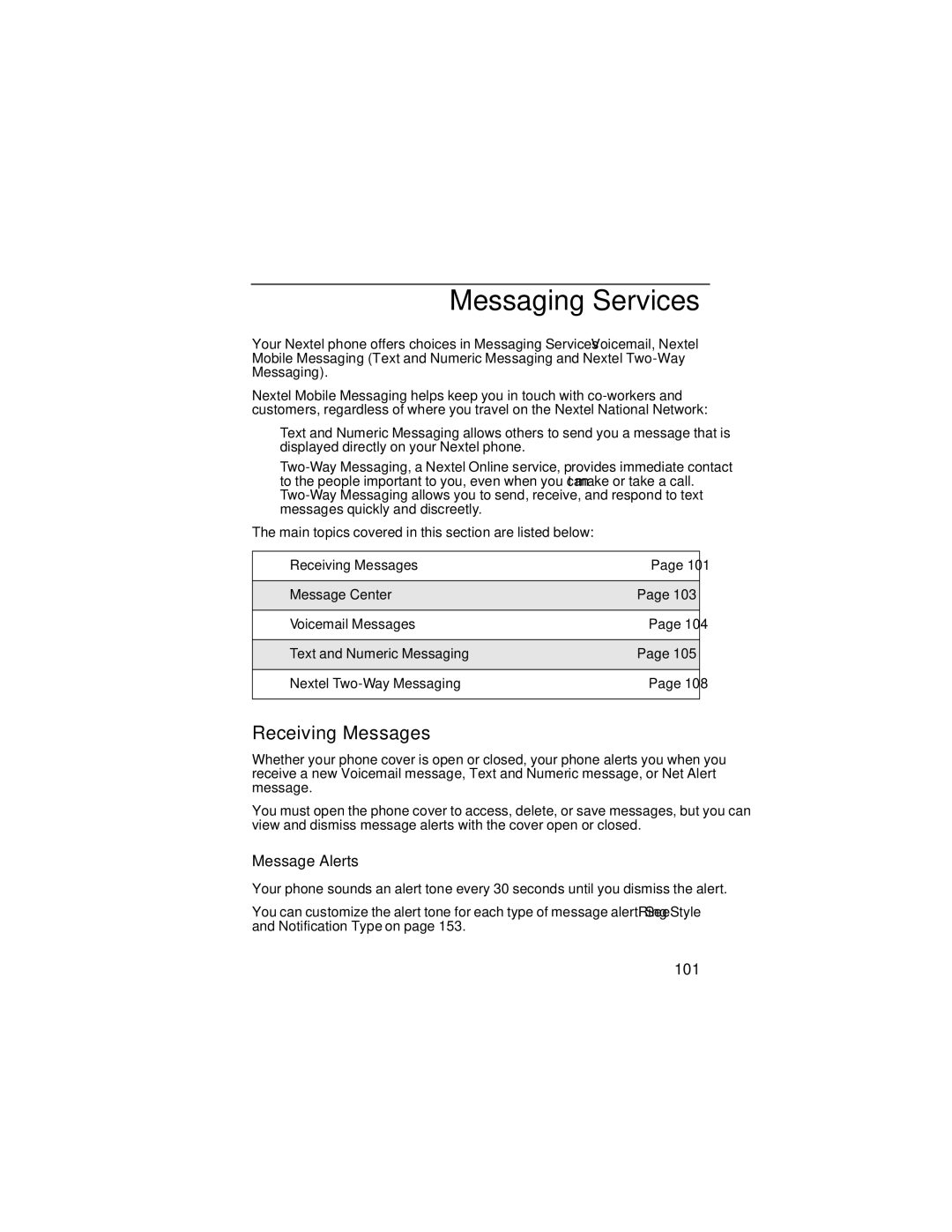 Motorola i90c manual Messaging Services, Receiving Messages, Message Alerts, 101 