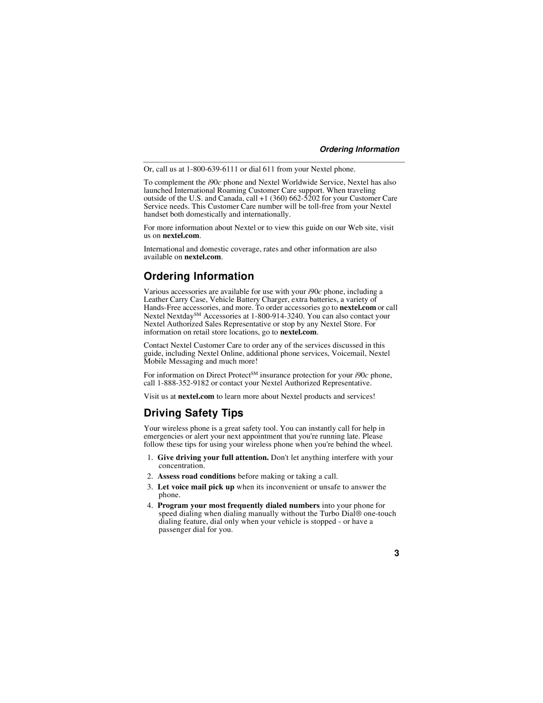 Motorola i90c manual Ordering Information, Driving Safety Tips 