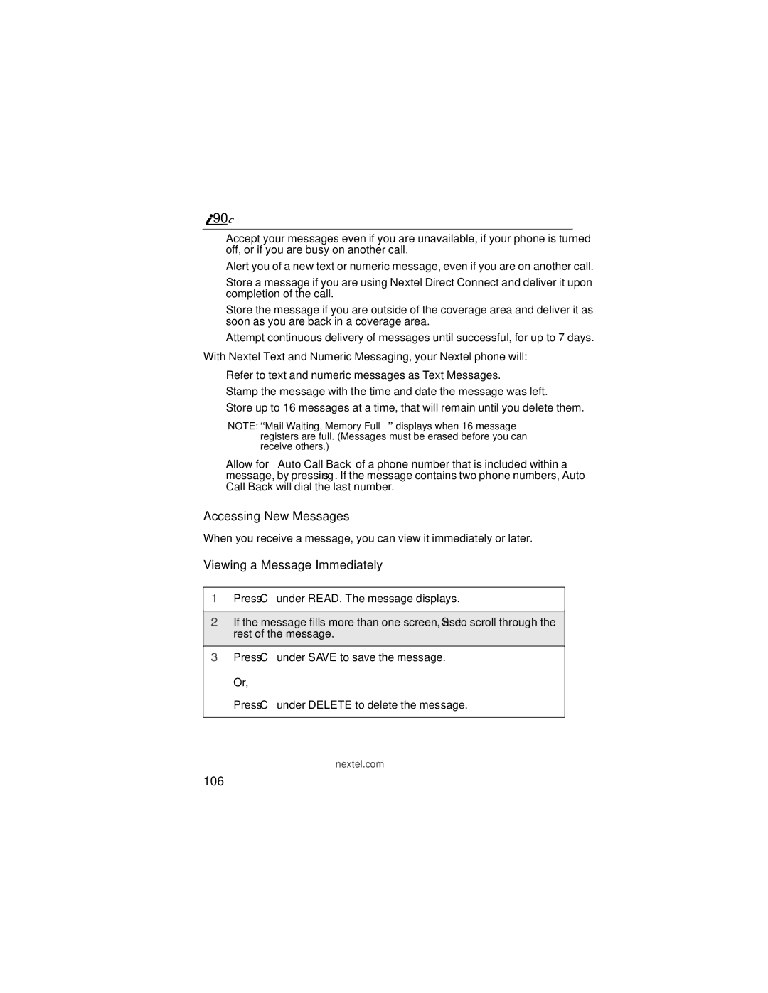 Motorola i90c manual Accessing New Messages, Viewing a Message Immediately, 106 