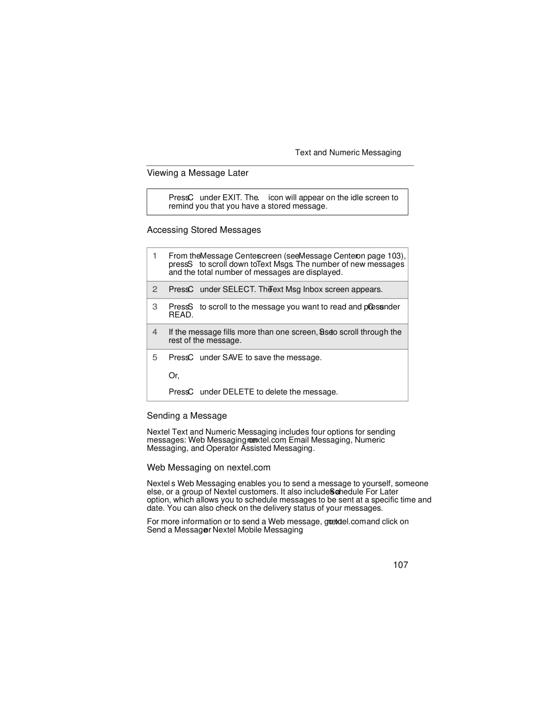 Motorola i90c Viewing a Message Later, Accessing Stored Messages, Sending a Message, Web Messaging on nextel.com, 107 