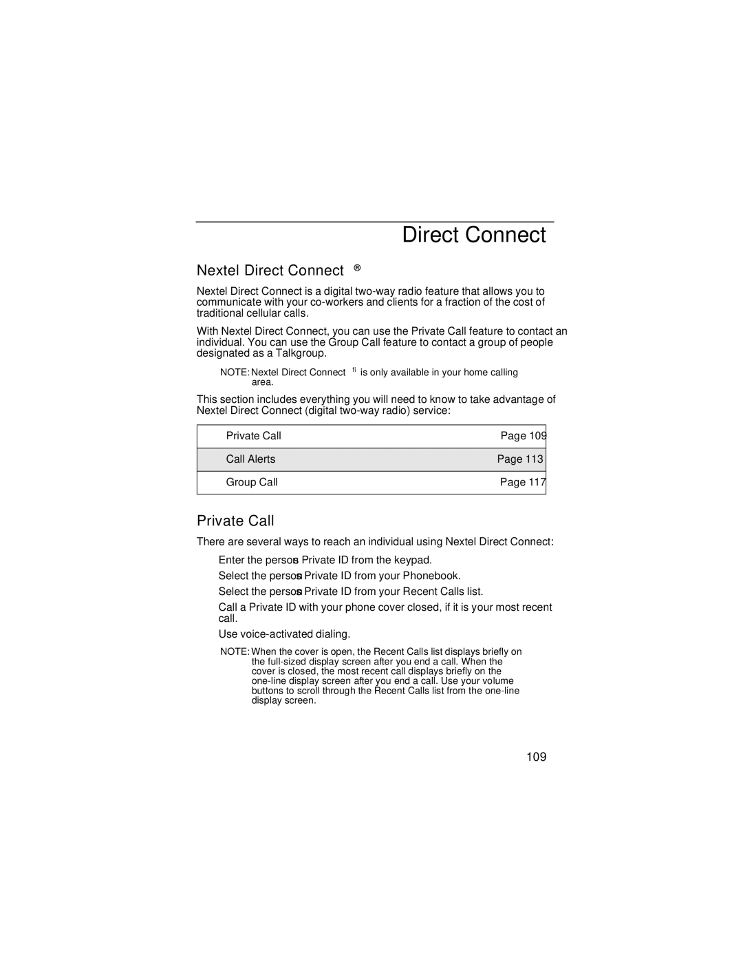 Motorola i90c manual Nextel Direct Connect, Private Call, 109 