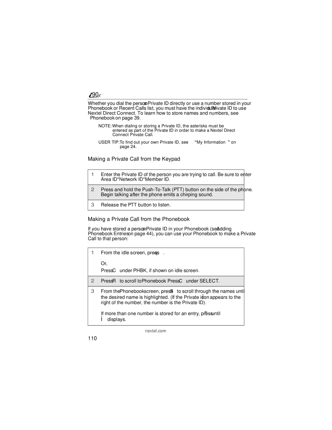 Motorola i90c manual Making a Private Call from the Keypad, Making a Private Call from the Phonebook, 110 