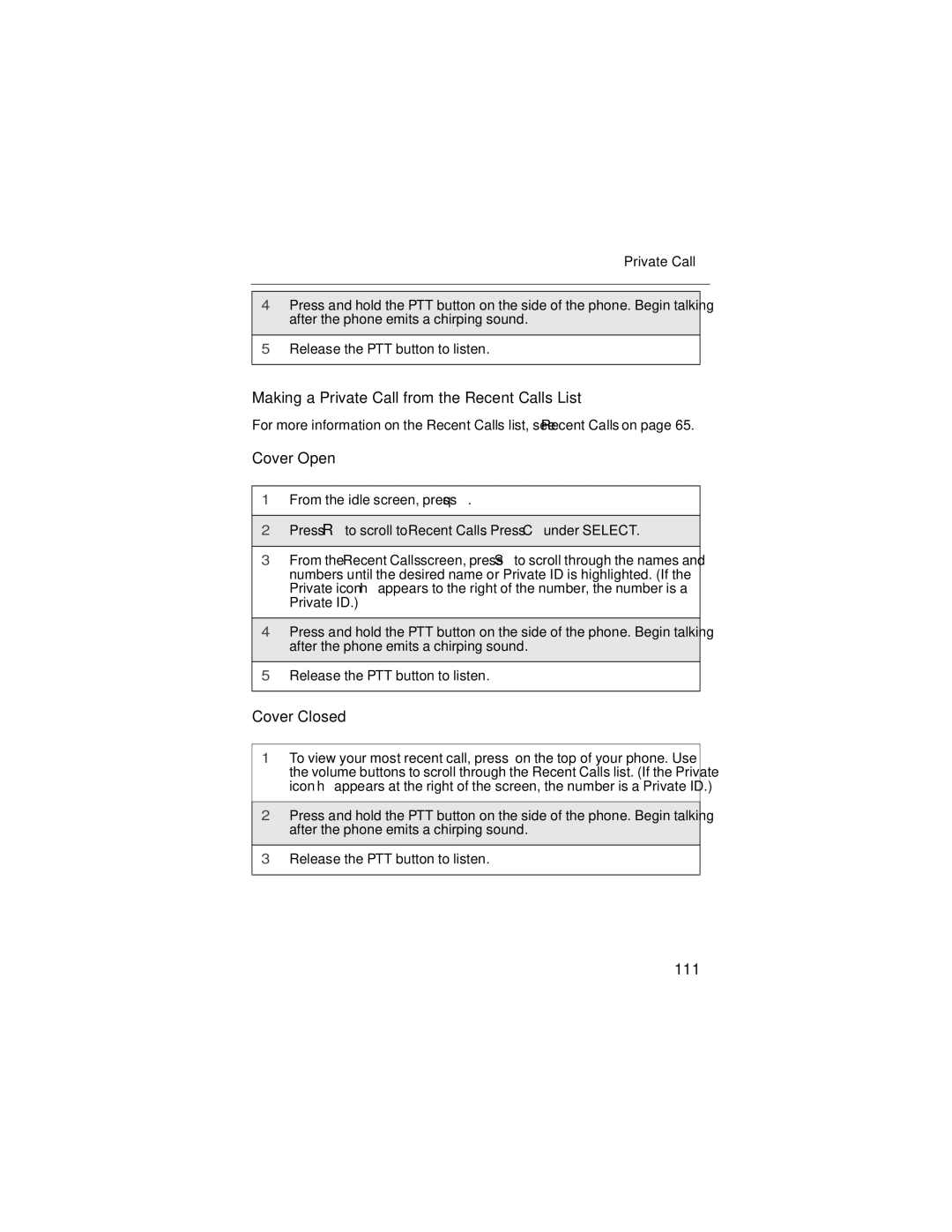 Motorola i90c manual Making a Private Call from the Recent Calls List, 111 
