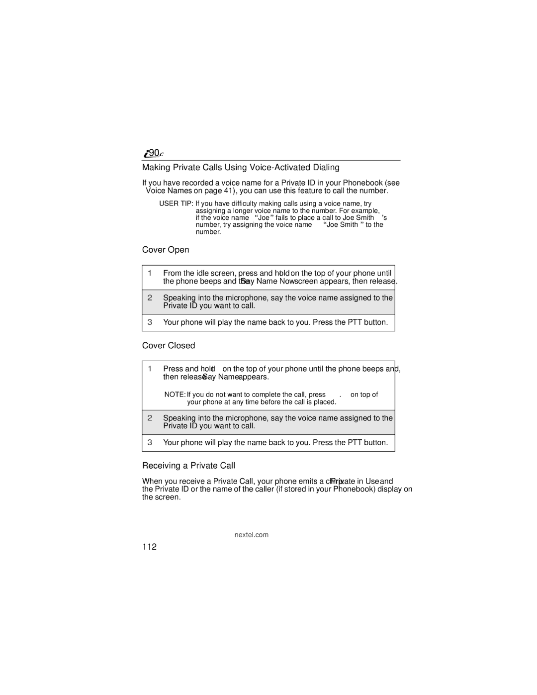 Motorola i90c manual Making Private Calls Using Voice-Activated Dialing, Receiving a Private Call, 112 