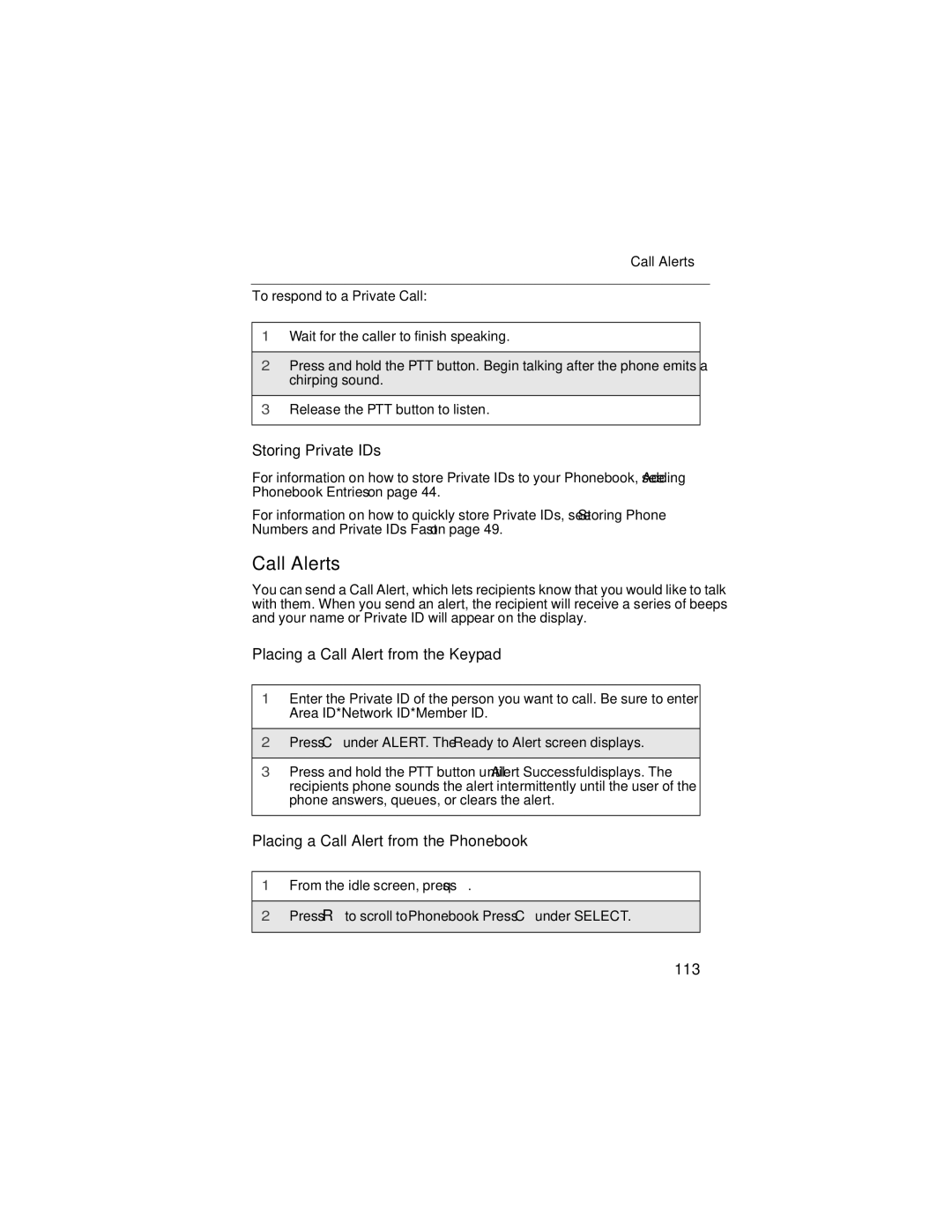 Motorola i90c manual Call Alerts, Storing Private IDs, Placing a Call Alert from the Keypad, 113 