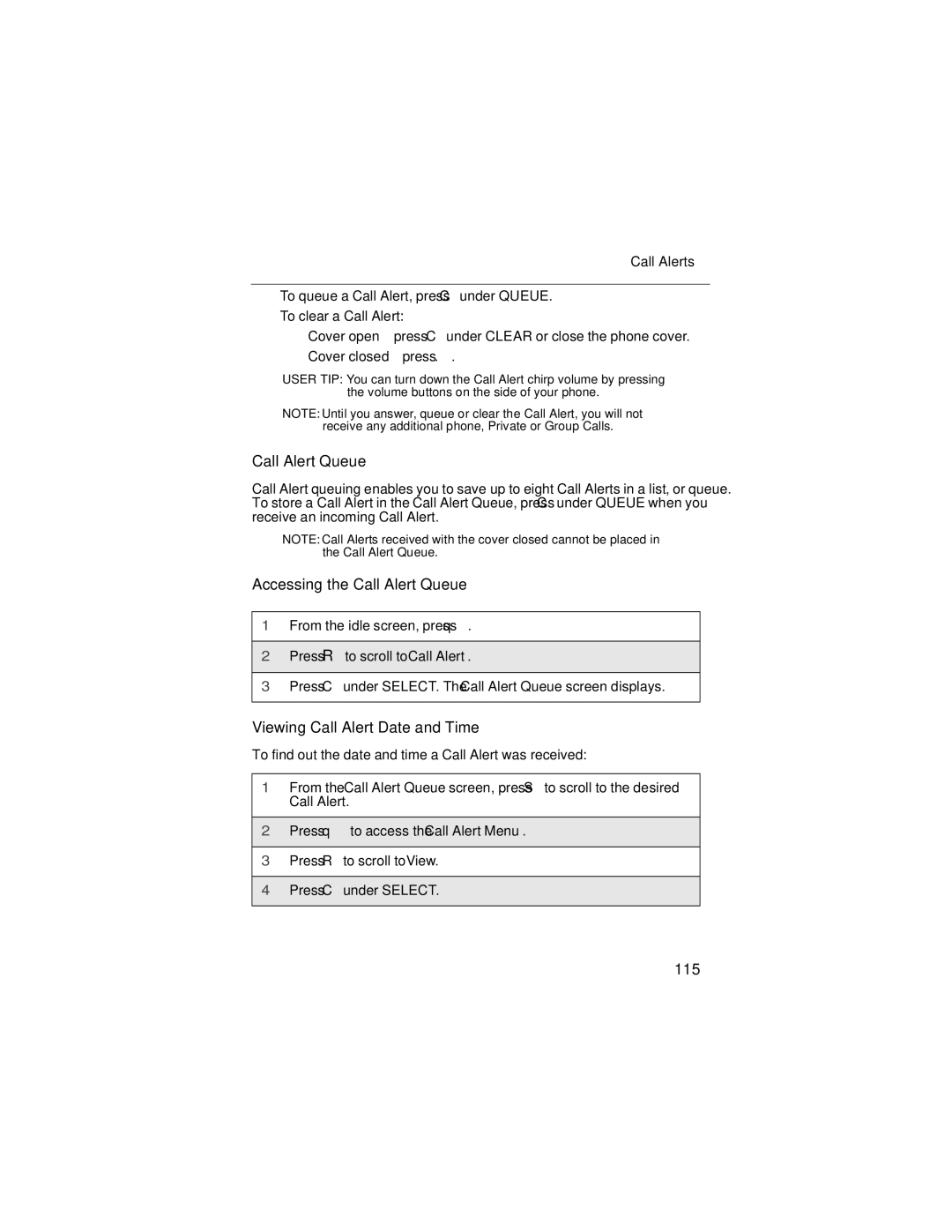 Motorola i90c manual Accessing the Call Alert Queue, Viewing Call Alert Date and Time, 115 