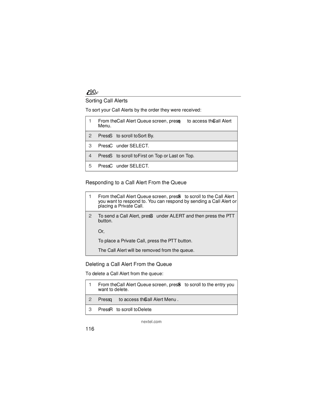 Motorola i90c Sorting Call Alerts, Responding to a Call Alert From the Queue, Deleting a Call Alert From the Queue, 116 