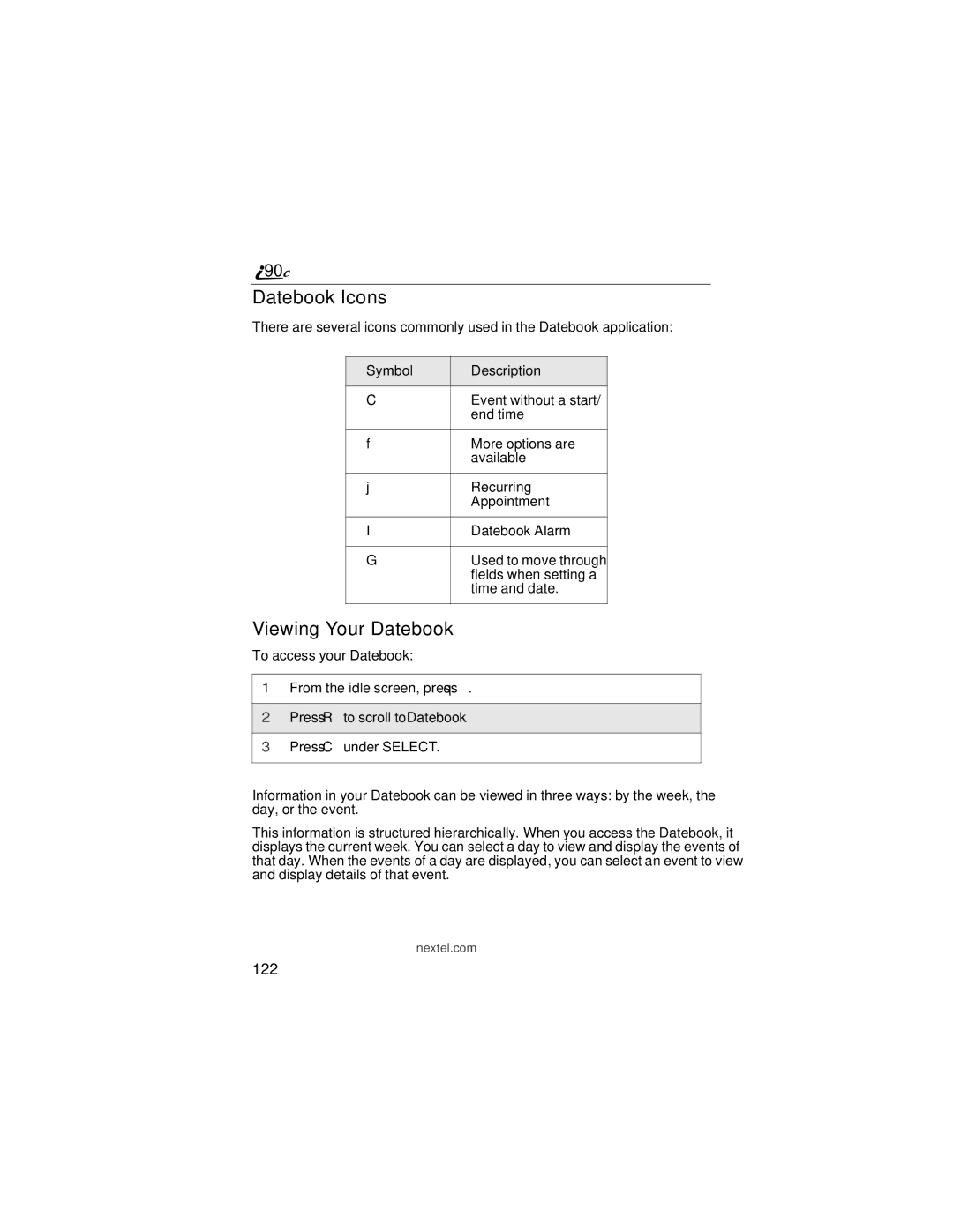 Motorola i90c manual Datebook Icons, Viewing Your Datebook, 122, Symbol Description 