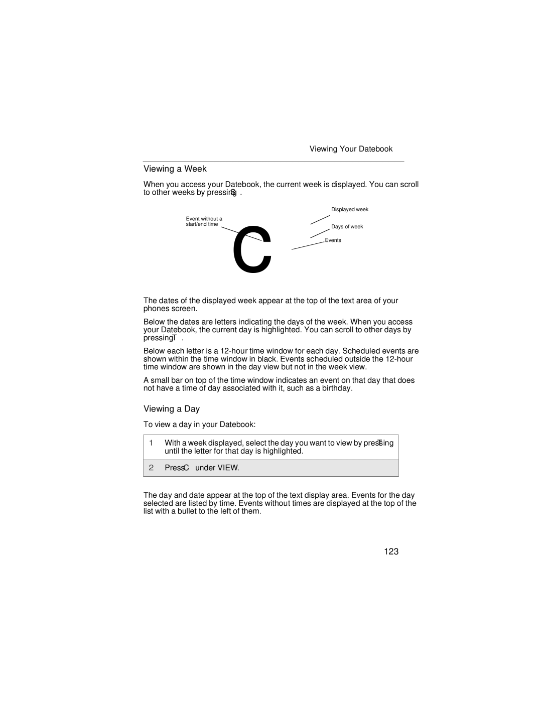 Motorola i90c manual Viewing a Week, Viewing a Day, 123, Viewing Your Datebook 