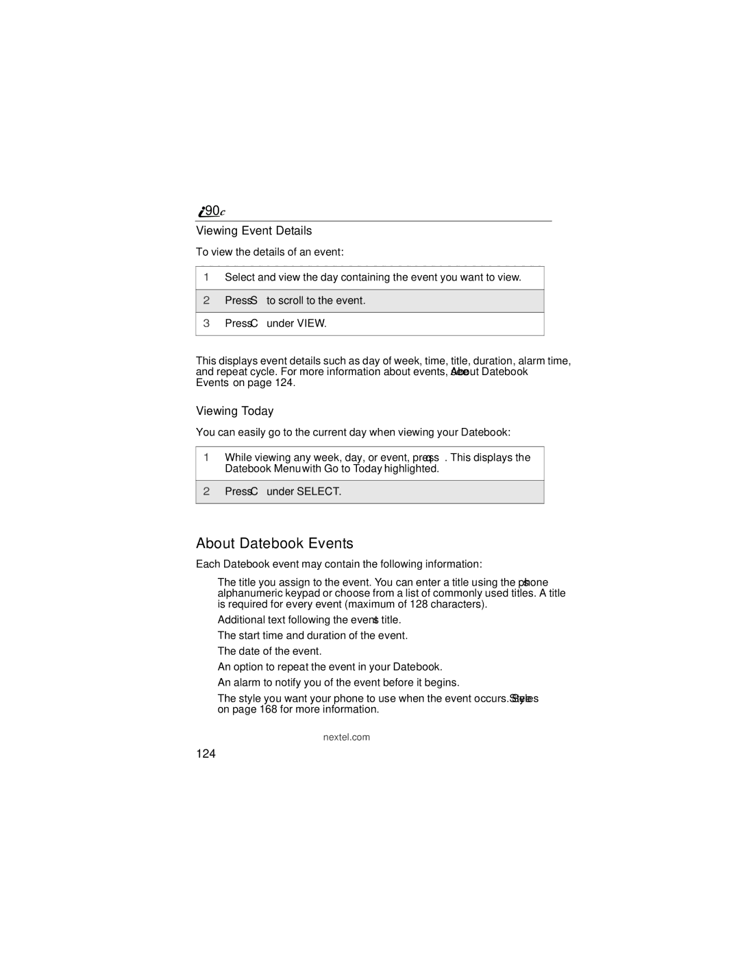 Motorola i90c manual About Datebook Events, Viewing Event Details, Viewing Today, 124 