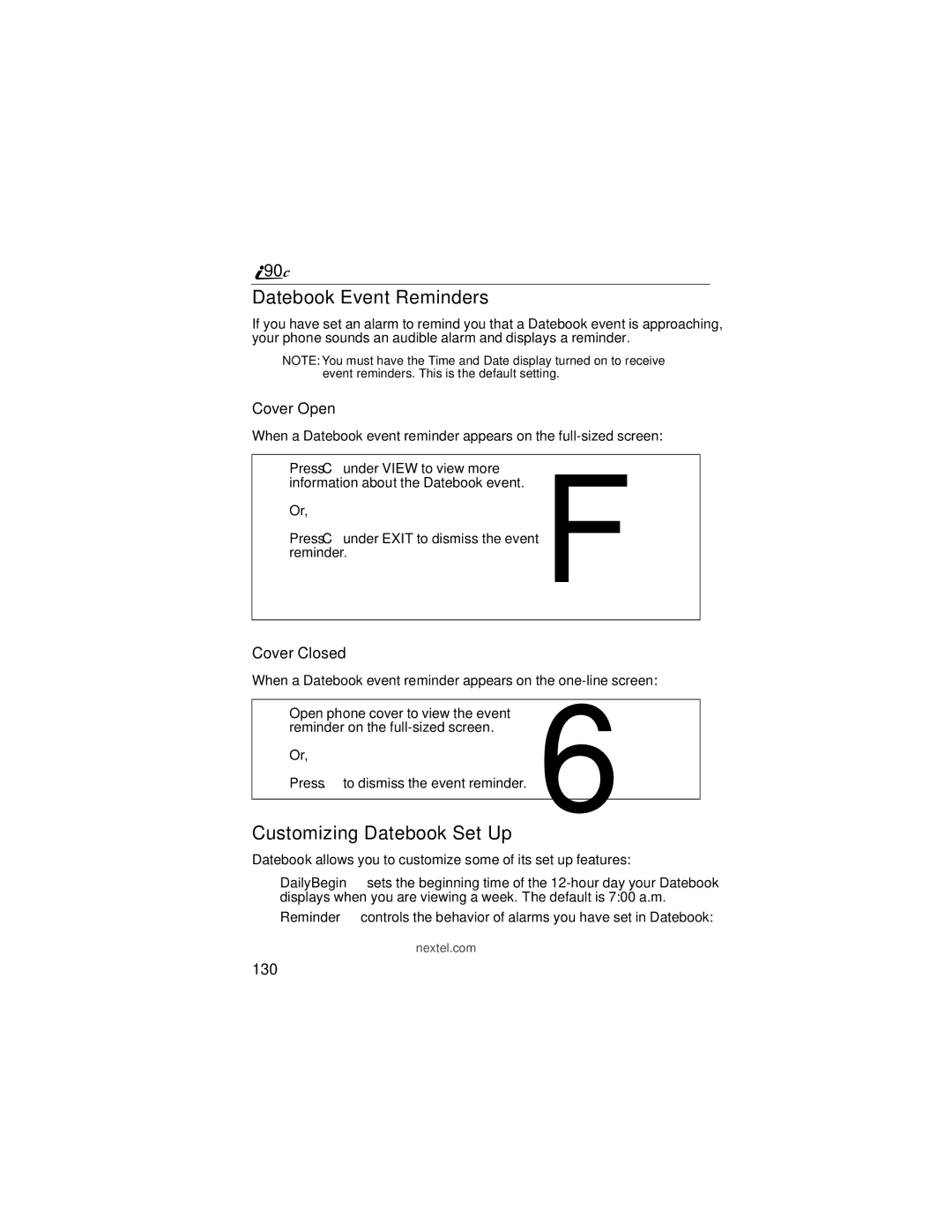 Motorola i90c manual Datebook Event Reminders, Customizing Datebook Set Up, 130 