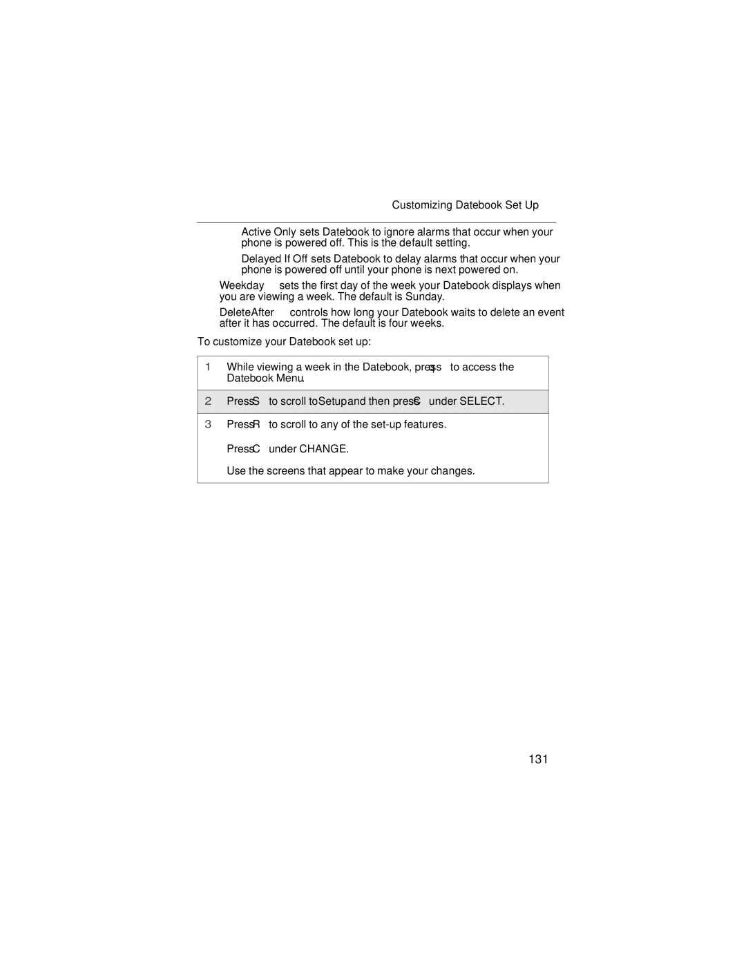 Motorola i90c manual 131, Customizing Datebook Set Up 