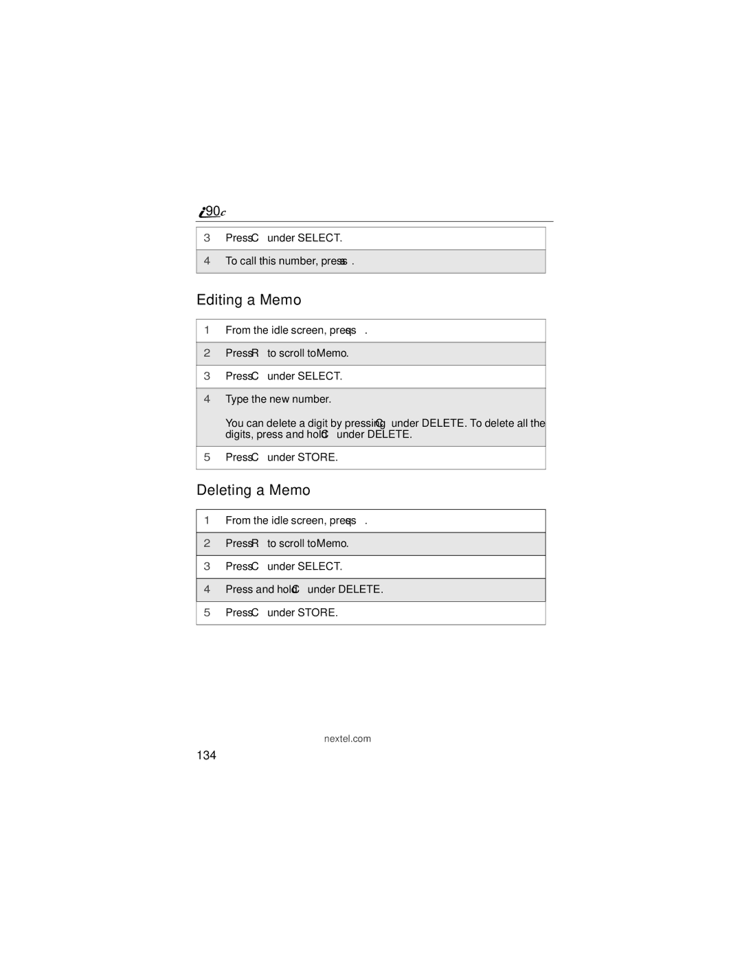 Motorola i90c manual Editing a Memo, Deleting a Memo, 134 