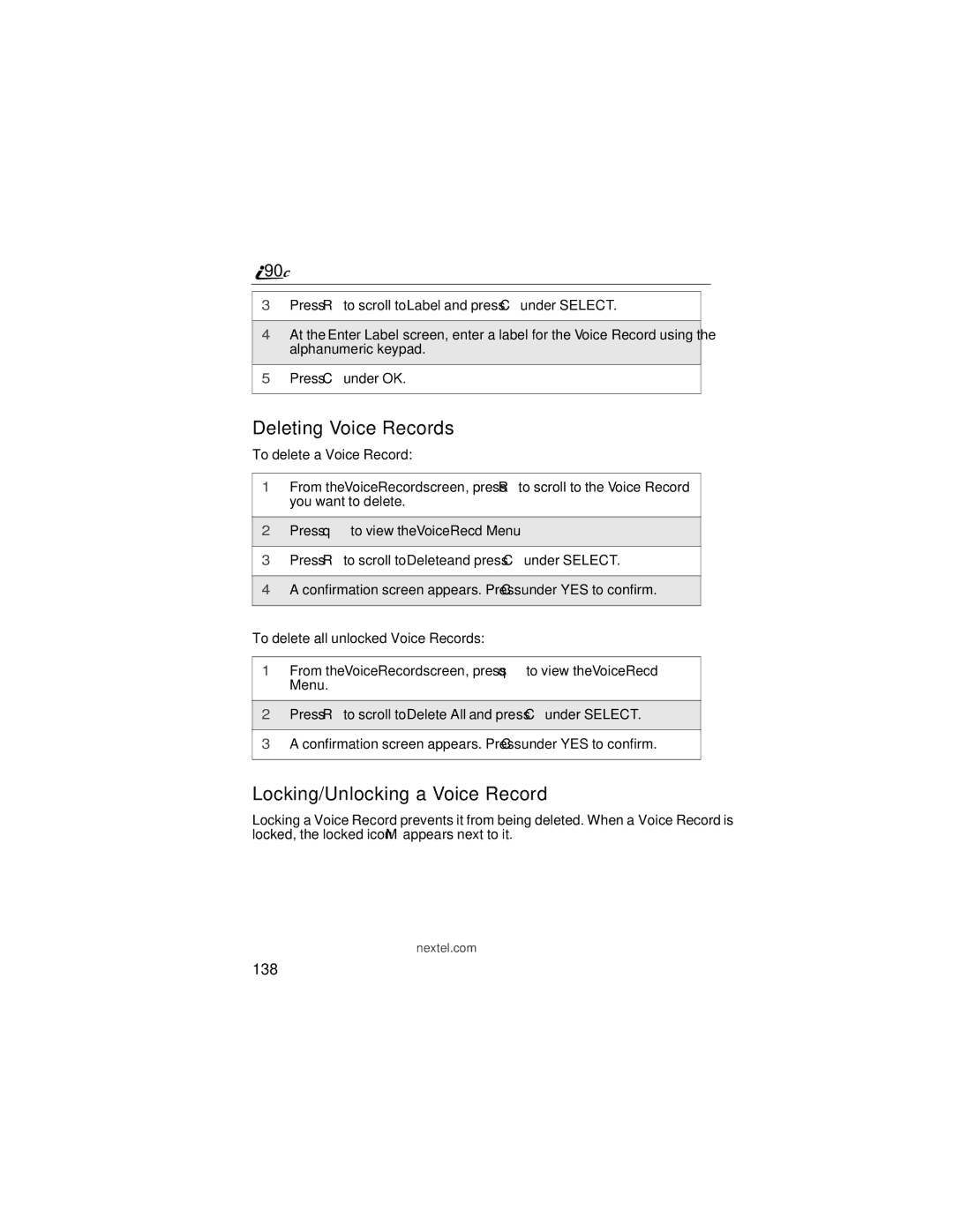 Motorola i90c manual Deleting Voice Records, Locking/Unlocking a Voice Record, 138 