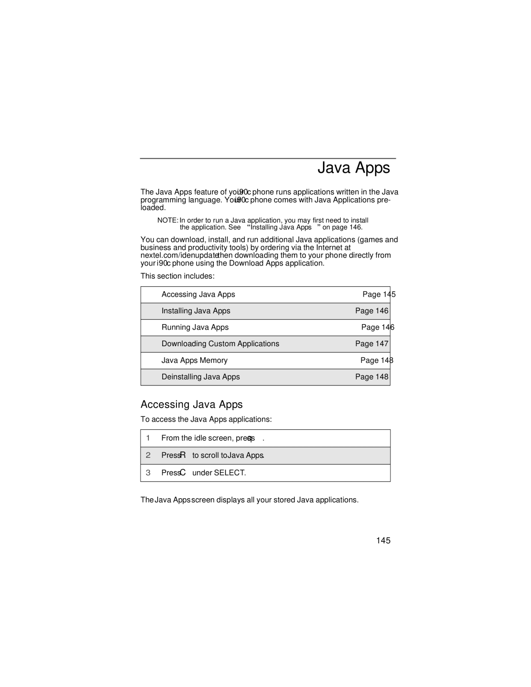 Motorola i90c manual Accessing Java Apps, 145 