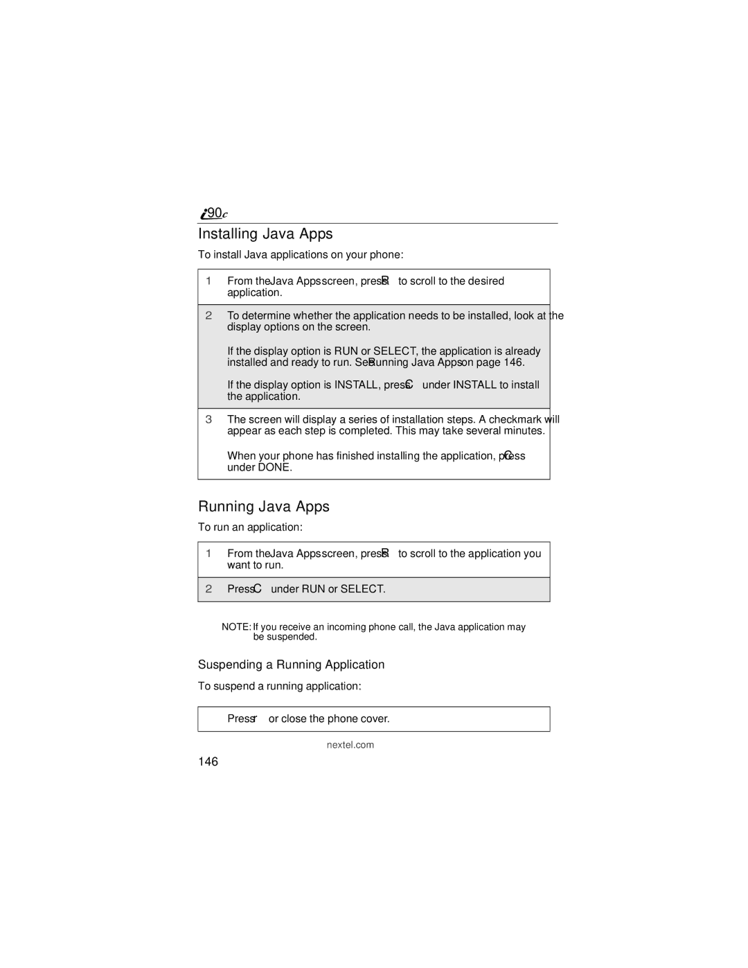 Motorola i90c manual Installing Java Apps, Running Java Apps, Suspending a Running Application, 146 