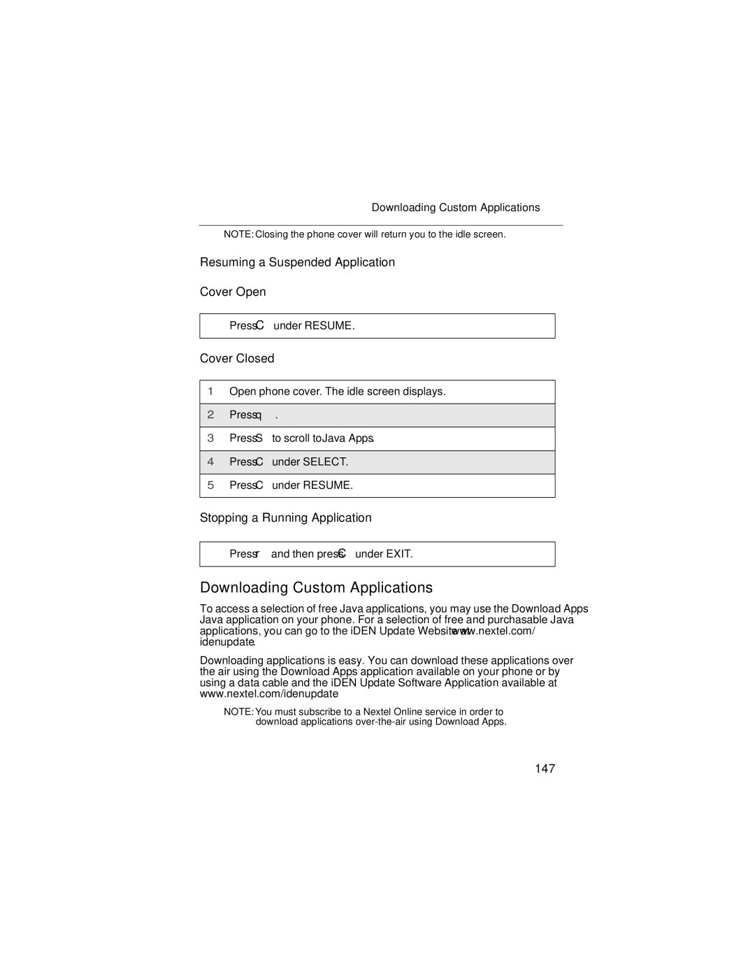 Motorola i90c manual Downloading Custom Applications, Resuming a Suspended Application, Stopping a Running Application, 147 