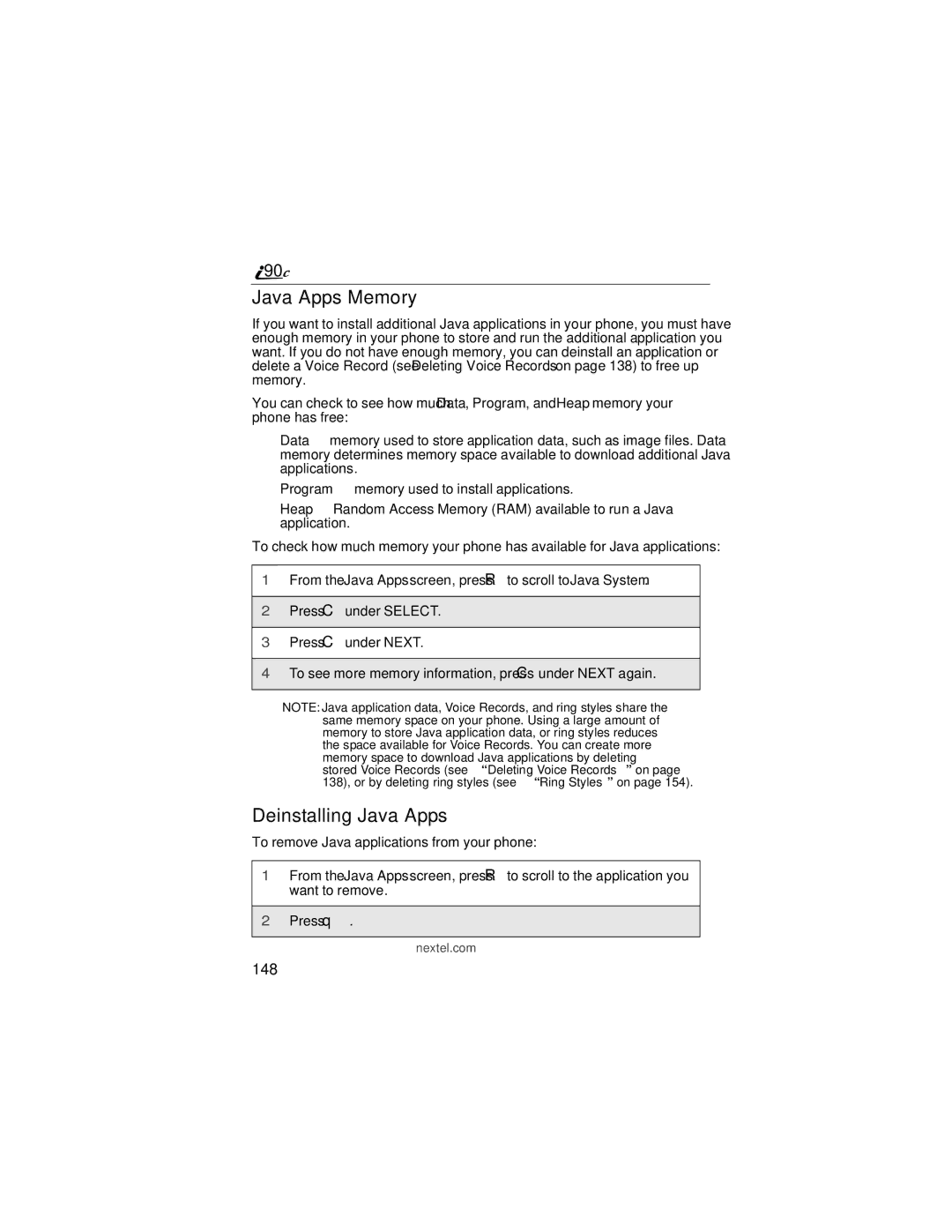 Motorola i90c manual Java Apps Memory, Deinstalling Java Apps, 148 