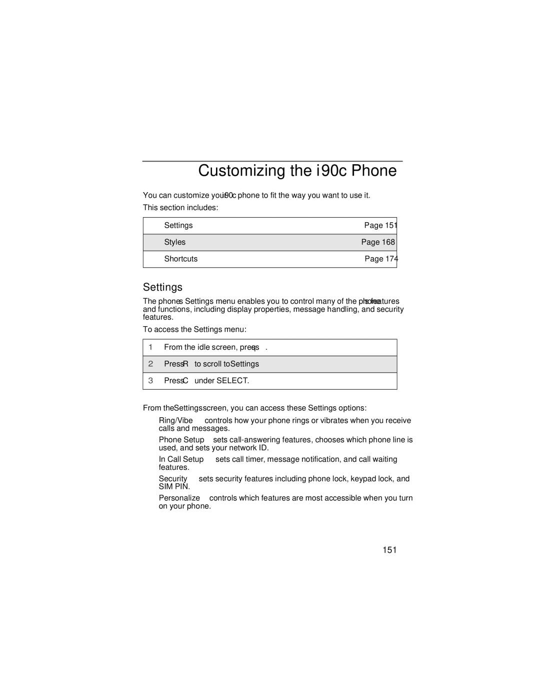 Motorola manual Customizing the i90c Phone, Settings, 151 