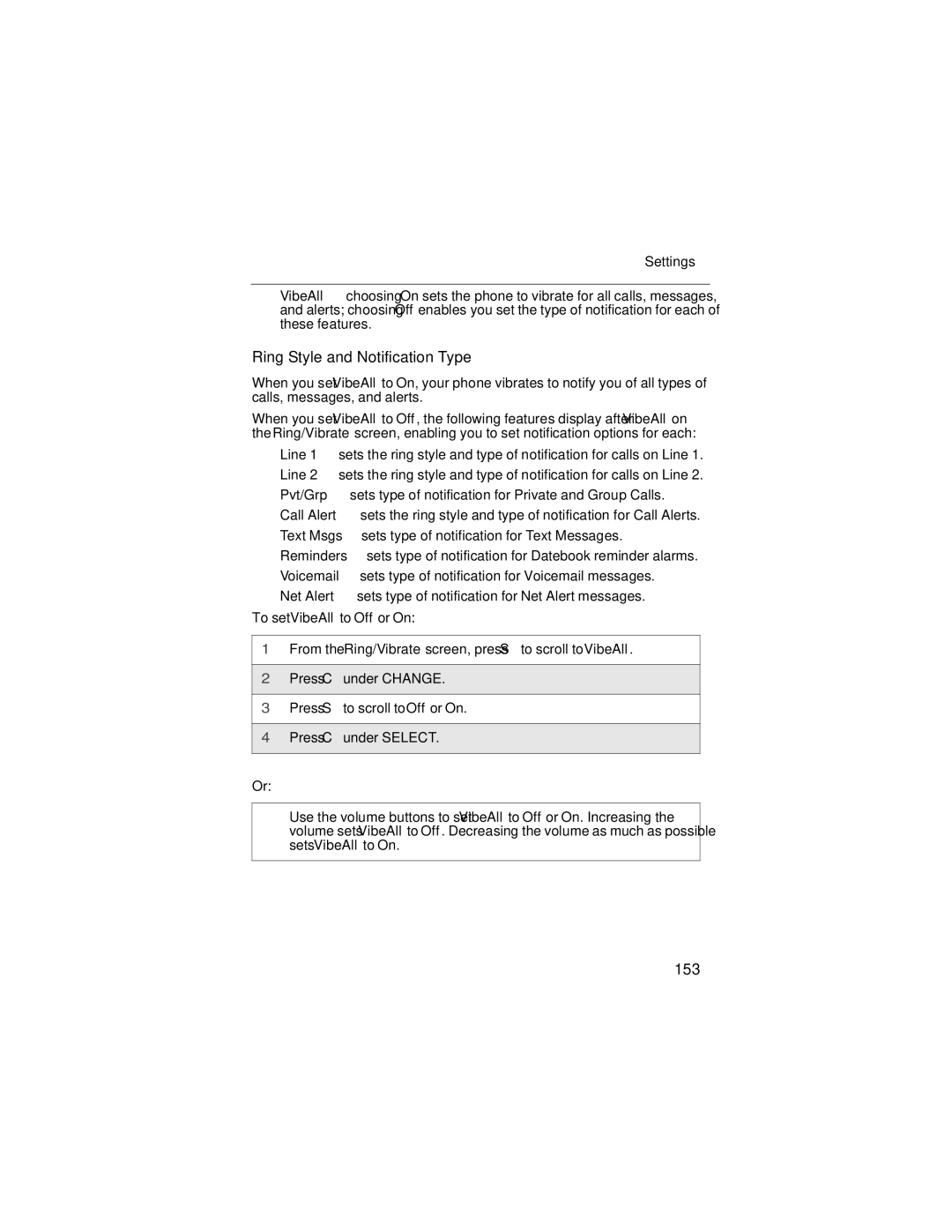 Motorola i90c manual Ring Style and Notification Type, 153, Settings 