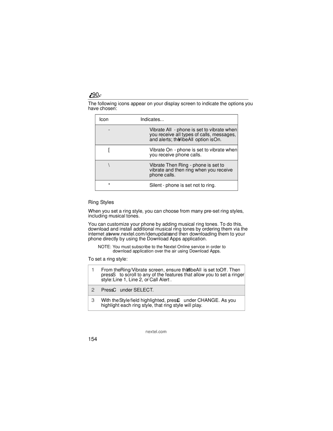 Motorola i90c manual 154, Vibrate Then Ring phone is set to 