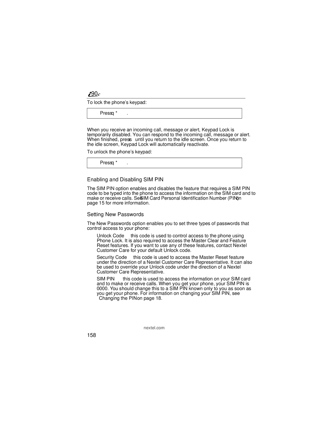 Motorola i90c manual Enabling and Disabling SIM PIN, Setting New Passwords, 158 