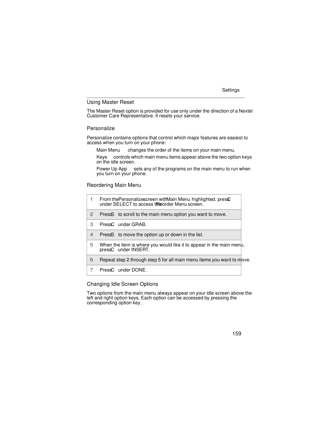 Motorola i90c manual Using Master Reset, Personalize, Reordering Main Menu, Changing Idle Screen Options, 159 