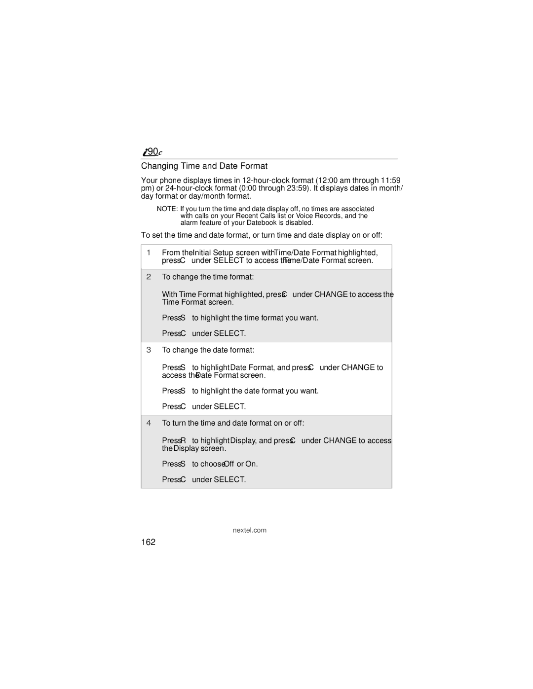 Motorola i90c manual Changing Time and Date Format, 162 