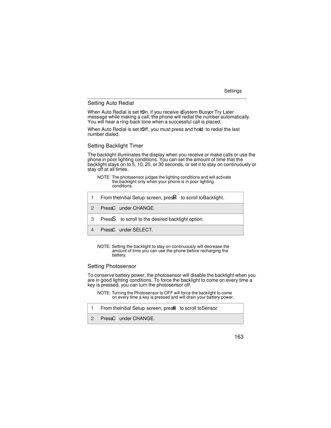 Motorola i90c manual Setting Auto Redial, Setting Backlight Timer, Setting Photosensor, 163 