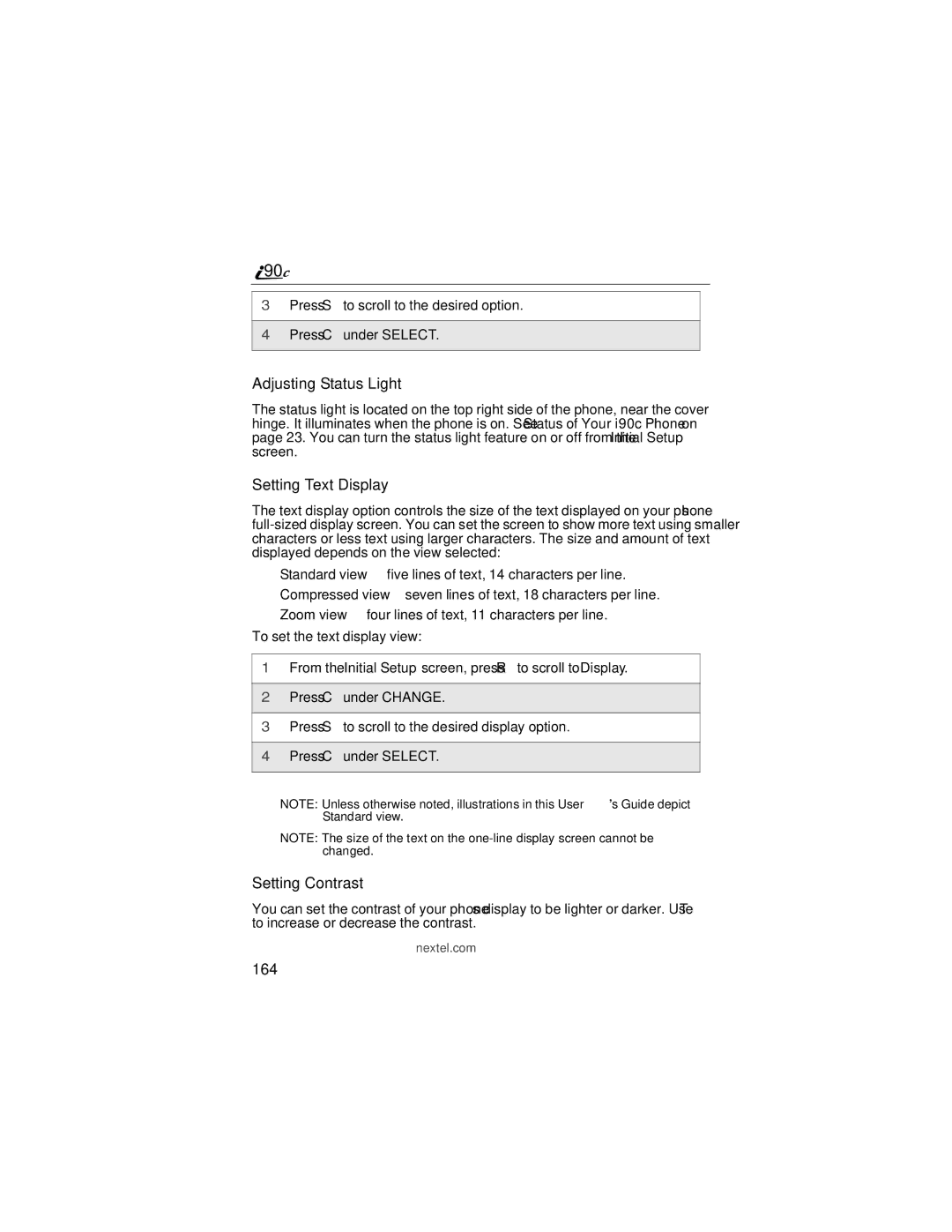 Motorola i90c manual Adjusting Status Light, Setting Text Display, Setting Contrast, 164 